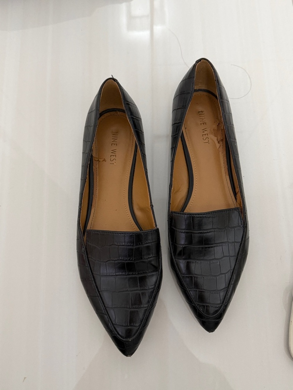 Nine West Black Croc-Embossed Pointed Slip-On Flats
